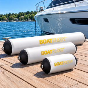 various size inflatable boat fenders and bumpers on a boat dock