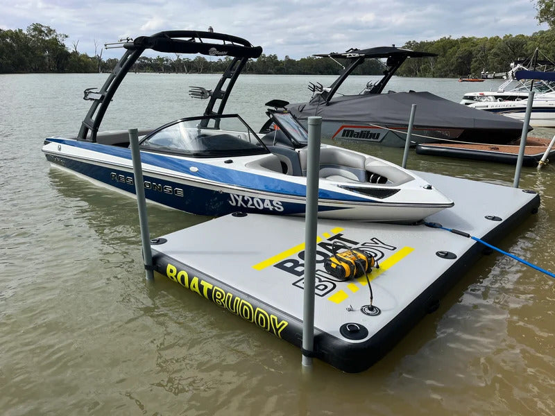 Short V Boat Buddy attached to a boat on the lake